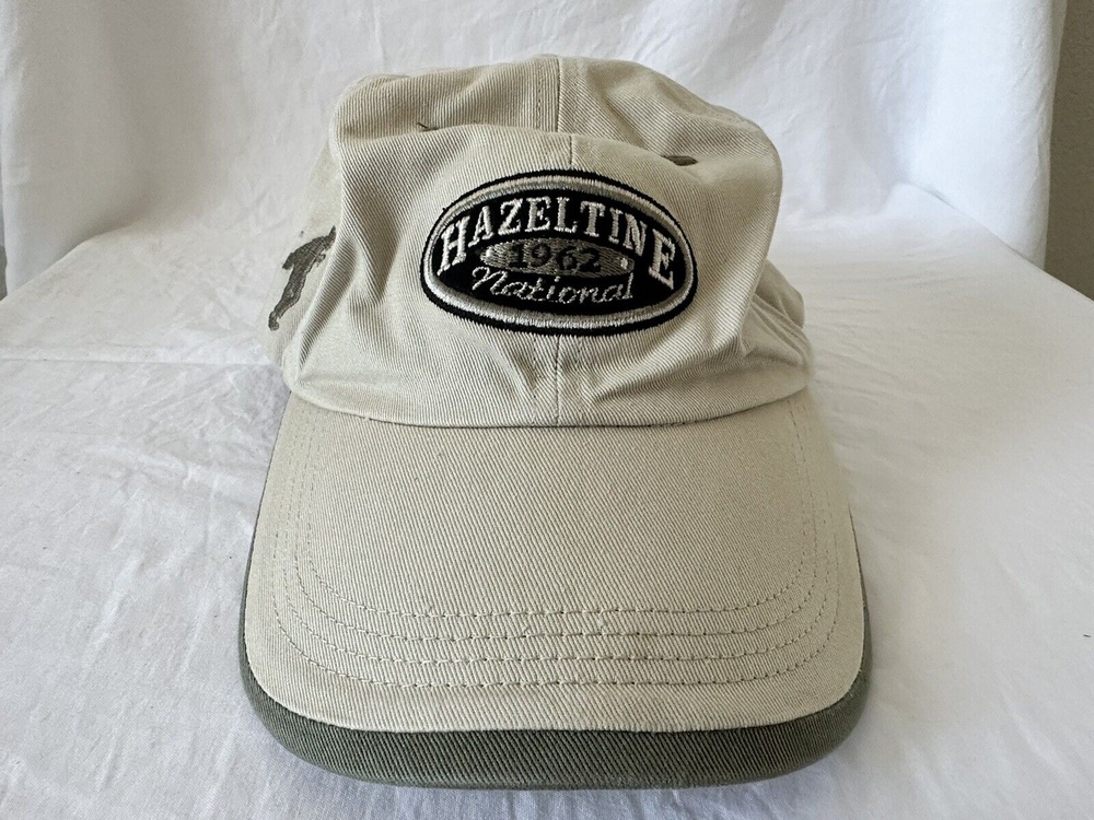 VINTAGE TAN MENS ORIGINAL HAZELTINE NATIONAL GOLF CLUB HAT CAP ADJUSTABLE